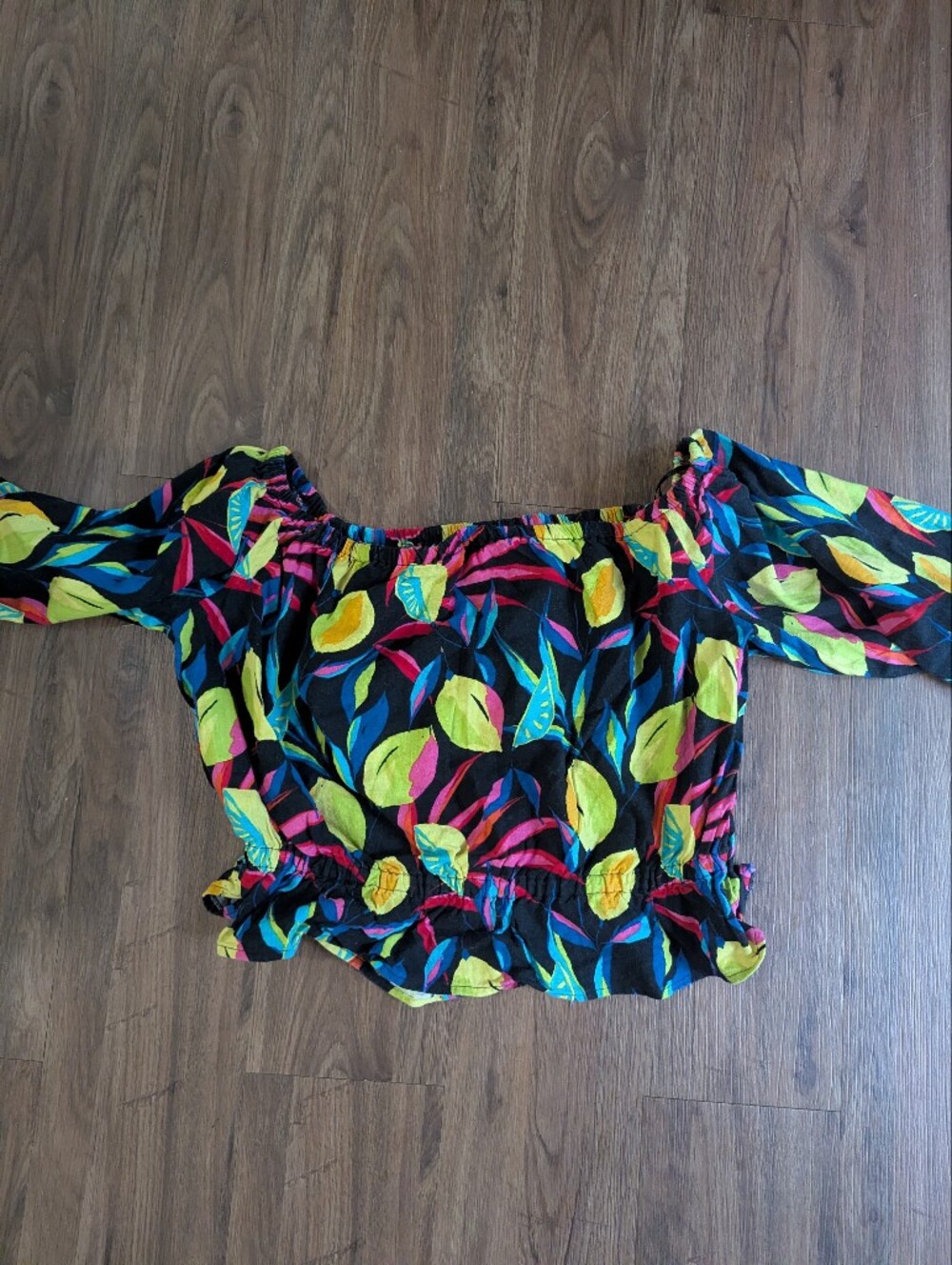 Tabitha Brown Off-Shoulder Black Top with Neon Leaf Print Sz XL Linen Blend